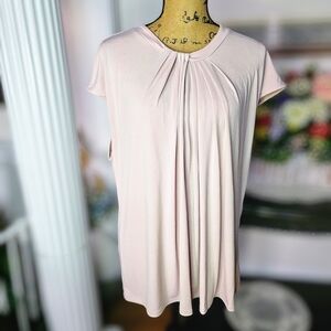 Liz Claiborne Pink Pleated Blouse with Short Sleeves and Rounded Neckline
